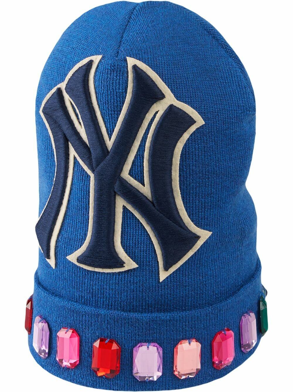 NWT Gucci NY Yankees Multicolor Jewel Trim Blue Wool Unisex Beanie Hat $530.00